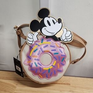 Disney Mickey Mouse Cream & Tan Crossbody Bag with Pink Donut Applique
